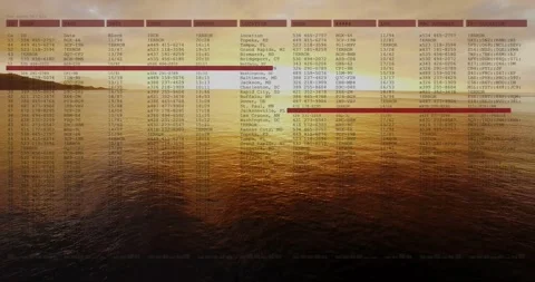 Animation of spreadsheet data overlaying tranquil sunset over water scene Stock Footage 327592878