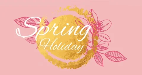 Animation of spring holiday text over yellow pattern and pink flowers decoration Video stock 329104877
