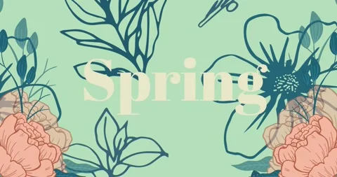 Animation of spring text over floral decoration on green background Stock Footage 328585446
