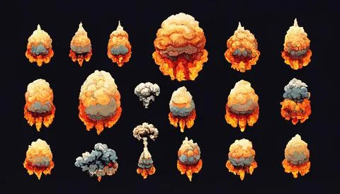 Animation sprite sheet of bomb explosion sequence set on black background. Stock Illustration