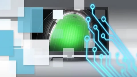 Animation of square shapes with hud elements against computer monitor with Stock Footage 329222833