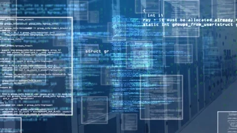 Animation of squares and computer language over binary codes against server room Stock Footage 246530523