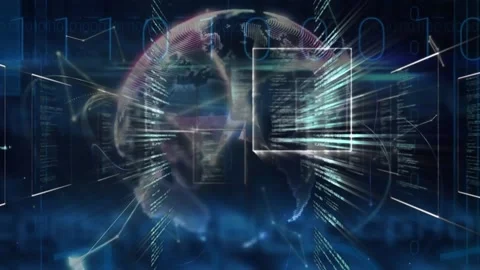 Animation of squares, binary codes, computer language over rotating globe on Stock Footage 233052069