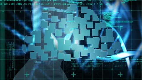 Animation of squares forming cloud with close-up of digital human over Stock Footage 329372226