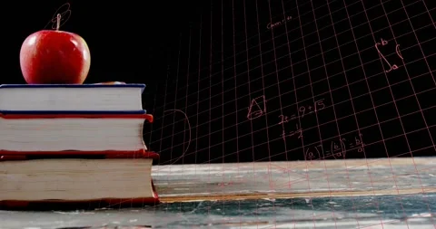 Animation of stack of books and apple over mathematical equations and formulae Stock Footage 327643337