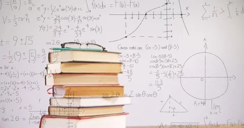 Animation of stack of books over mathematical equations and formulae Stock Footage 326103668