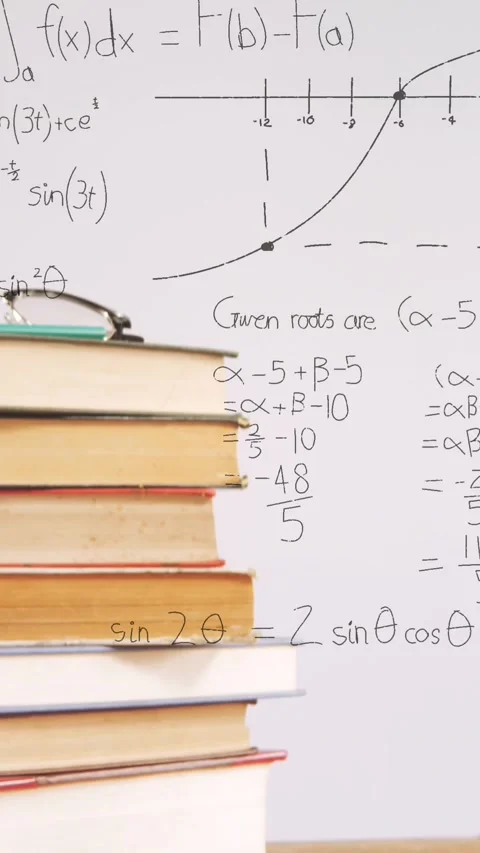 Animation of stack of books over mathematical equations and formulae Stock Footage 344370302