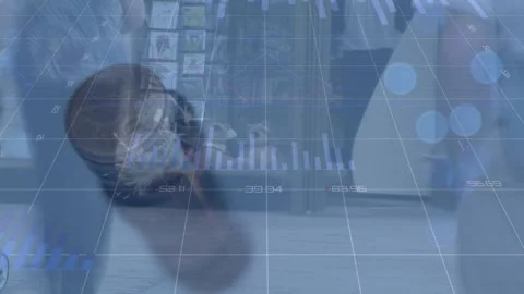 Animation of stack of coins and graphs over diverse people walking in office Stock Footage 330770981