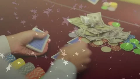Animation of star icons falling over mid section of male croupier distributing Vídeo Stock 330171412