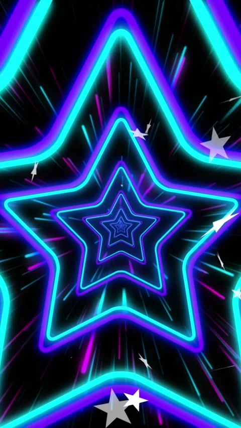 Animation of star icons floating over neon star shapes in seamless pattern Stock Footage 344369536