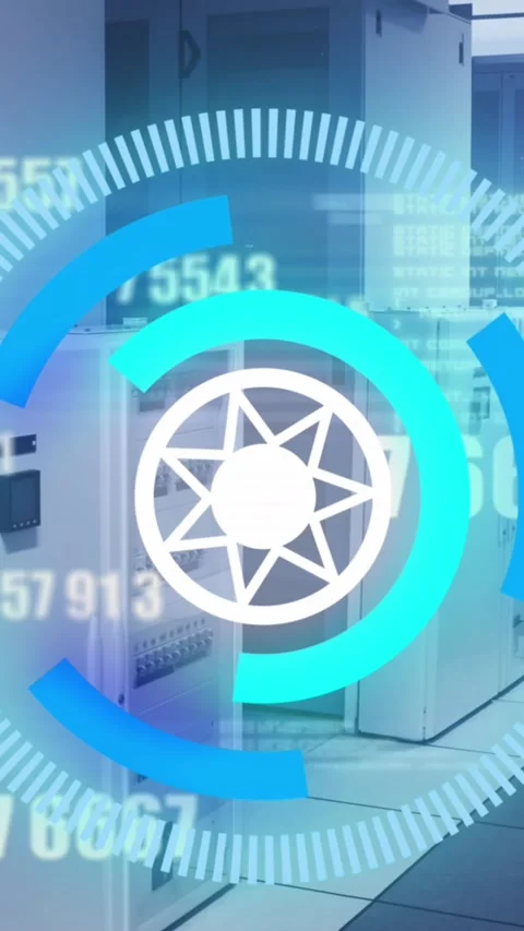 Animation of star in loading circles and changing numbers over server room in Stock Footage 344803172