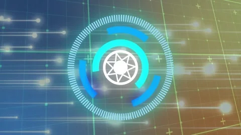 Animation of star in loading circles over grid pattern against dots on abstract Stock Footage 245889851