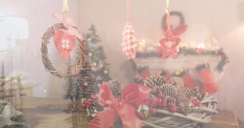 Animation of star string lights aerial view of christmas decorations Video stock 316519446