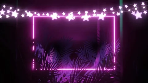 Animation of star string lights and pink neon rectangle, with palm leaves on Stock Footage 204851237