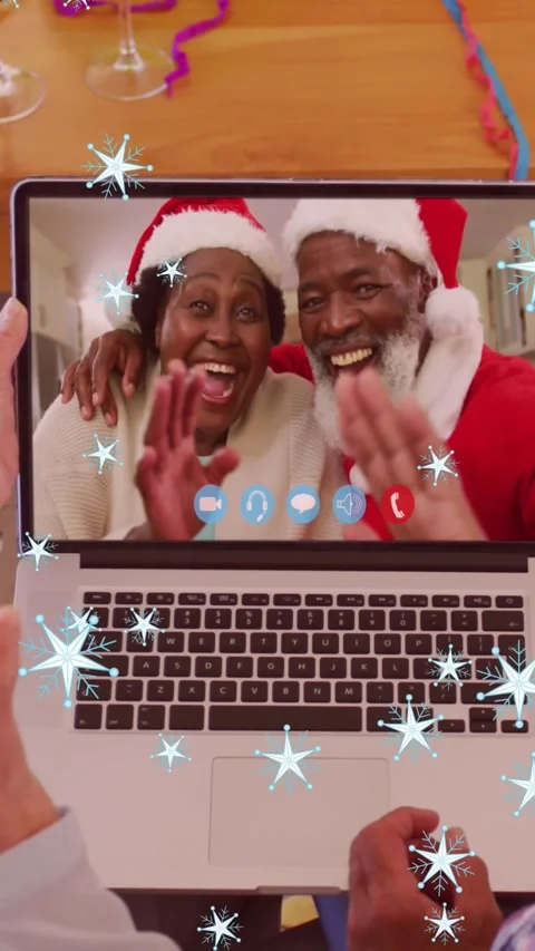 Animation of stars falling over senior caucasian couple on laptop video call at Vídeo Stock 342136706