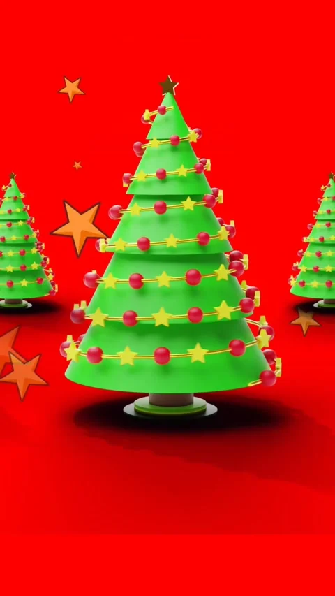 Animation of stars falling over spinning christmas tree icons against red Video stock 344525857