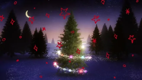 Animation of stars in seamless pattern and shooting star over christmas trees on Stock Footage 329364896