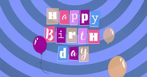 On animation start, balloons drifting around fixed Happy Birthday tiles to Stock Footage 315526949