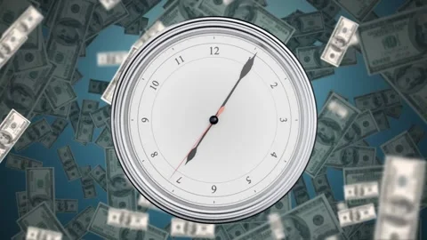 On animation start clock moving hands while USD bills falling and swirling, Vídeo Stock 337905033