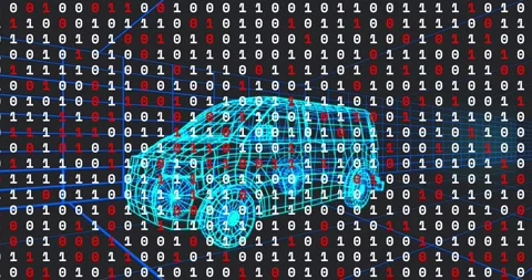 On animation start, cyan wireframe van hovering amid scrolling binary digits, Stock Footage 330780357