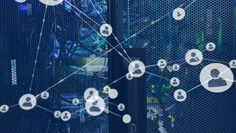 At animation start network node icons spawning and linking across 3D rack mesh Video stock 312229968