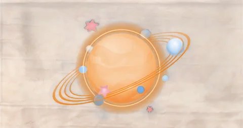 At animation start orange planet rings forming, spheres and pink stars orbiting Video stock 316095960