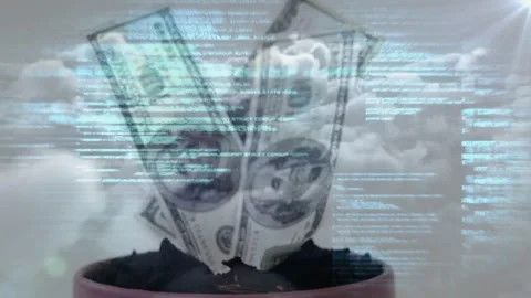 On animation start pair of dollar bills rising from pot soil, cyan lines Stock Footage 335651989