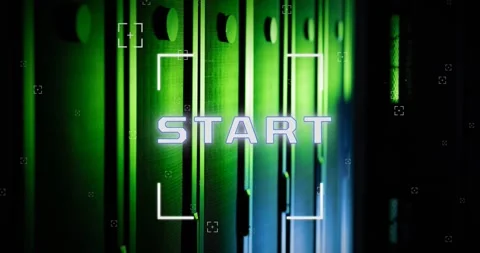 Animation of start text and data processing over computer servers Stock-Footage 329509264