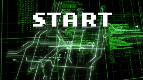 Animation of start text and microprocessor connections over data processing Vídeo Stock 206314437