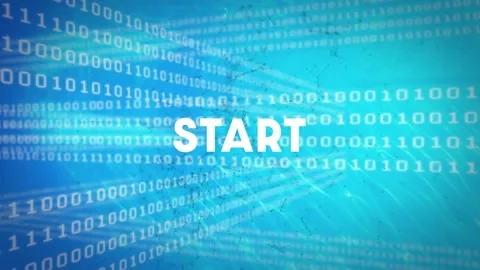 Animation of start text banner and network of connections over binary coding Stock Footage 328648866