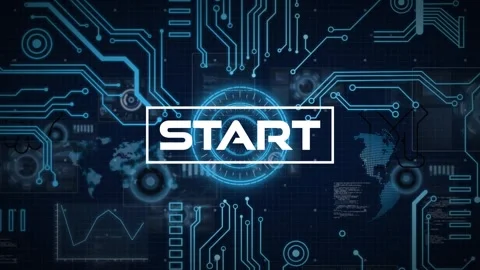 Animation of start text banner over neon round scanner and microprocessor Stockbeeldmateriaal 255105583