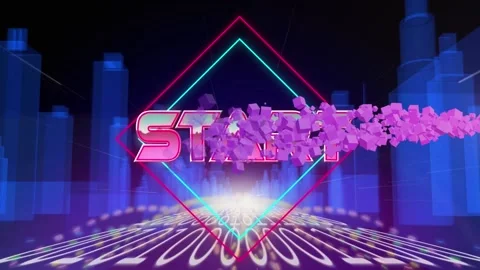 Animation of start text in metallic pink letters over cityscape and binary Stock Footage 157345154