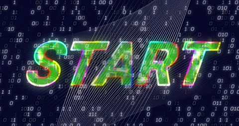 Animation of start text over binary coding on dark background Stock Footage 326425029