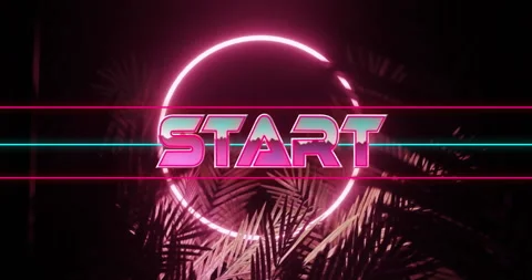 Animation of start text over neon pattern background Stock Footage 266378850