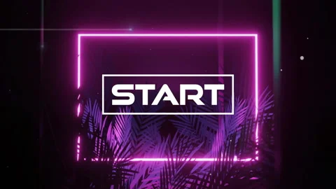 Animation of start text over neon frame and leaf pattern background Stock Footage 310221178