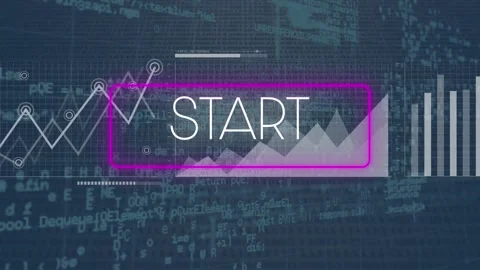 Animation of start text in rectangle over graphs and map against computer Stock Footage 329365196