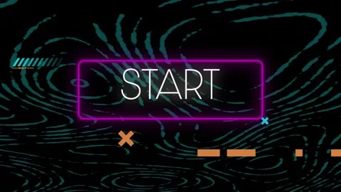 Animation of start text in rectangle with symbols and circular pattern over Stock Footage 250315139