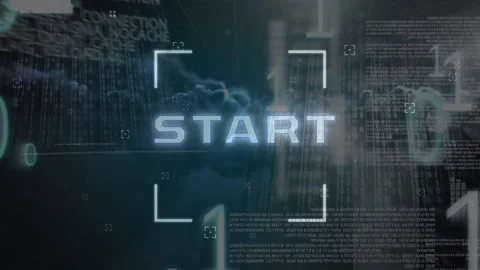 Animation of start text in viewfinder over falling binary code, programing Video stock 328010051