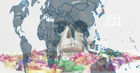 On animation start world map fading in over skull, spawning data icons to Stock Footage 317747789