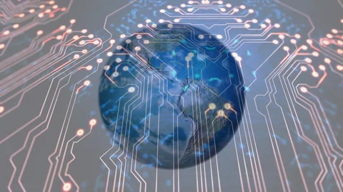 Animation starting 3D globe rotating, circuit nodes glowing and pulsing Stock Footage 311506249