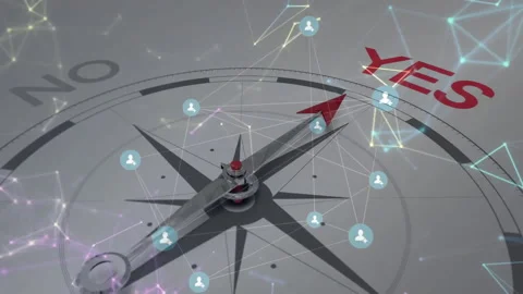 Animation starting compass then initiating pointer rotating icons hovering and Stock Footage 309681376