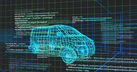Animation starting cyan 3D van drifting above neon grid, scrolling code Stock Footage 317155566