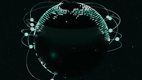 Animation starting dotted globe rotating in dark starfield, spawning teal nodes Stock Footage 337964690