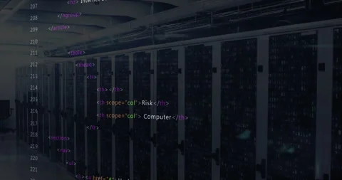 Animation starting HTML code overlay scrolling over server racks showing threat Stock Footage 312897299