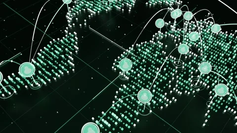 Animation starting map forming pillars on grid, camera panning nodes linking Stock Footage 337964653