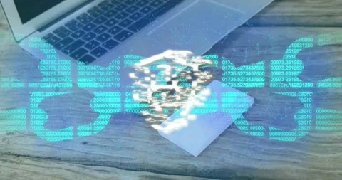 Animation starting with neon code streaming across desk, forming ring, shield Vidéo 318544662