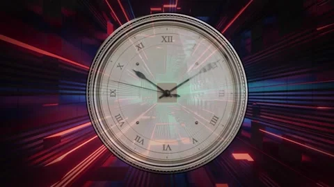 Animation starting with neon tunnel flaring, analog clock moving clockwise and Stock Footage 337904991