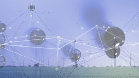 Animation starting, network of spheres expanding and linking over field, Stock Footage 334312655