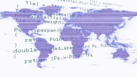Animation starting with purple map centered while green code scrolling, showing Stock Footage 322119768