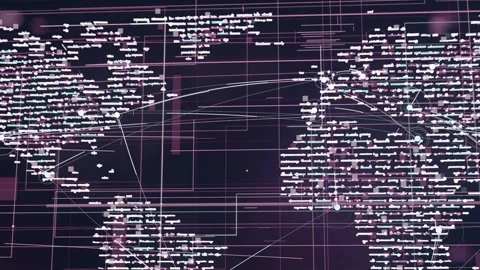 Animation starting, stylized global map unfolding links at HUD, highlighting Stock Footage 337141174